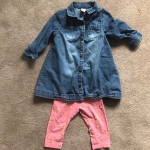 LS denim shirt dress with floral legging